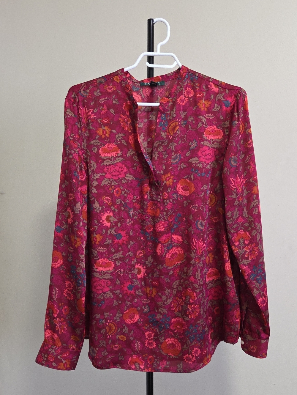 Ralph Lauren Rose-Pattern Split V-Neck Blouse in Magenta and Pink